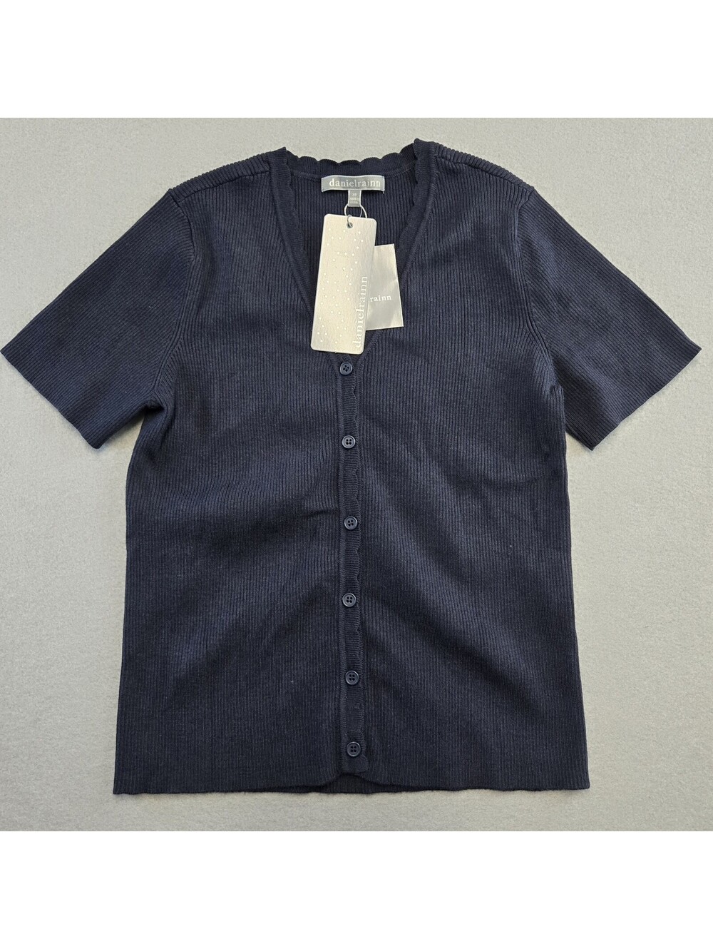 Daniel Rainn Lyn Fitted Short Sleeve Cardigan Womens XS Navy Ribbed Knit NWT